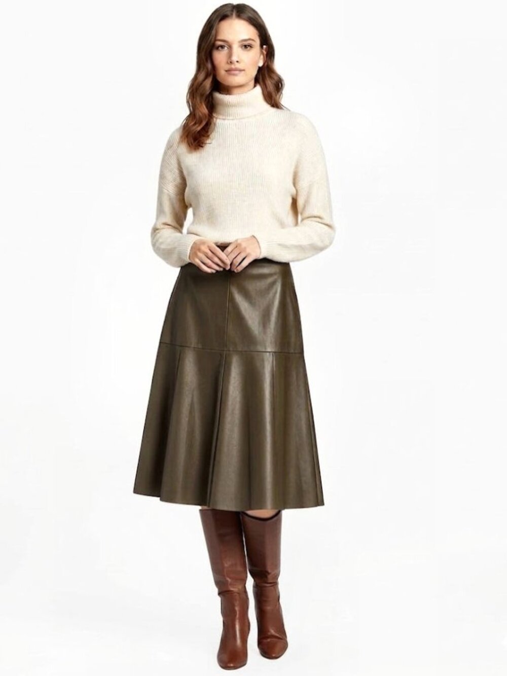 JOA Ripple in Time Olive Green Vegan Leather Midi Skirt, Womens Size XS